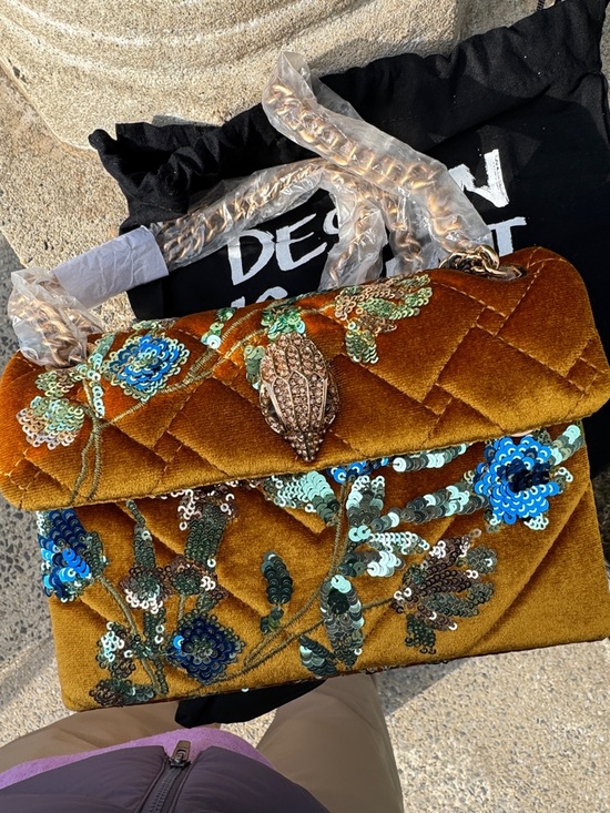 Kurt Geiger Mustard Gold Quilted Velvet Crossbody with Blue Sequin Floral - Picture 9 of 9